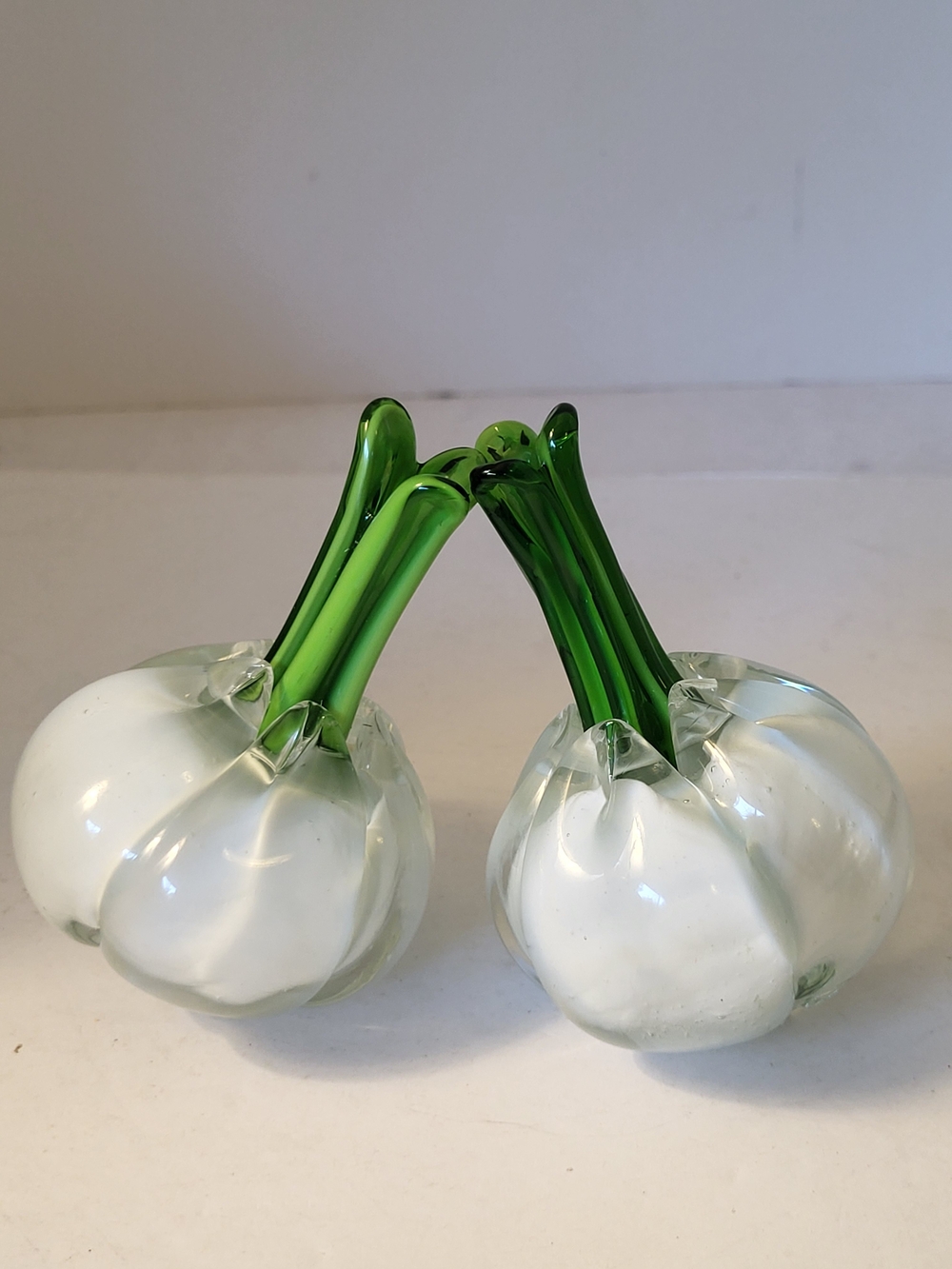 Handblown White Glass Harlic Bulbs with Green Stems